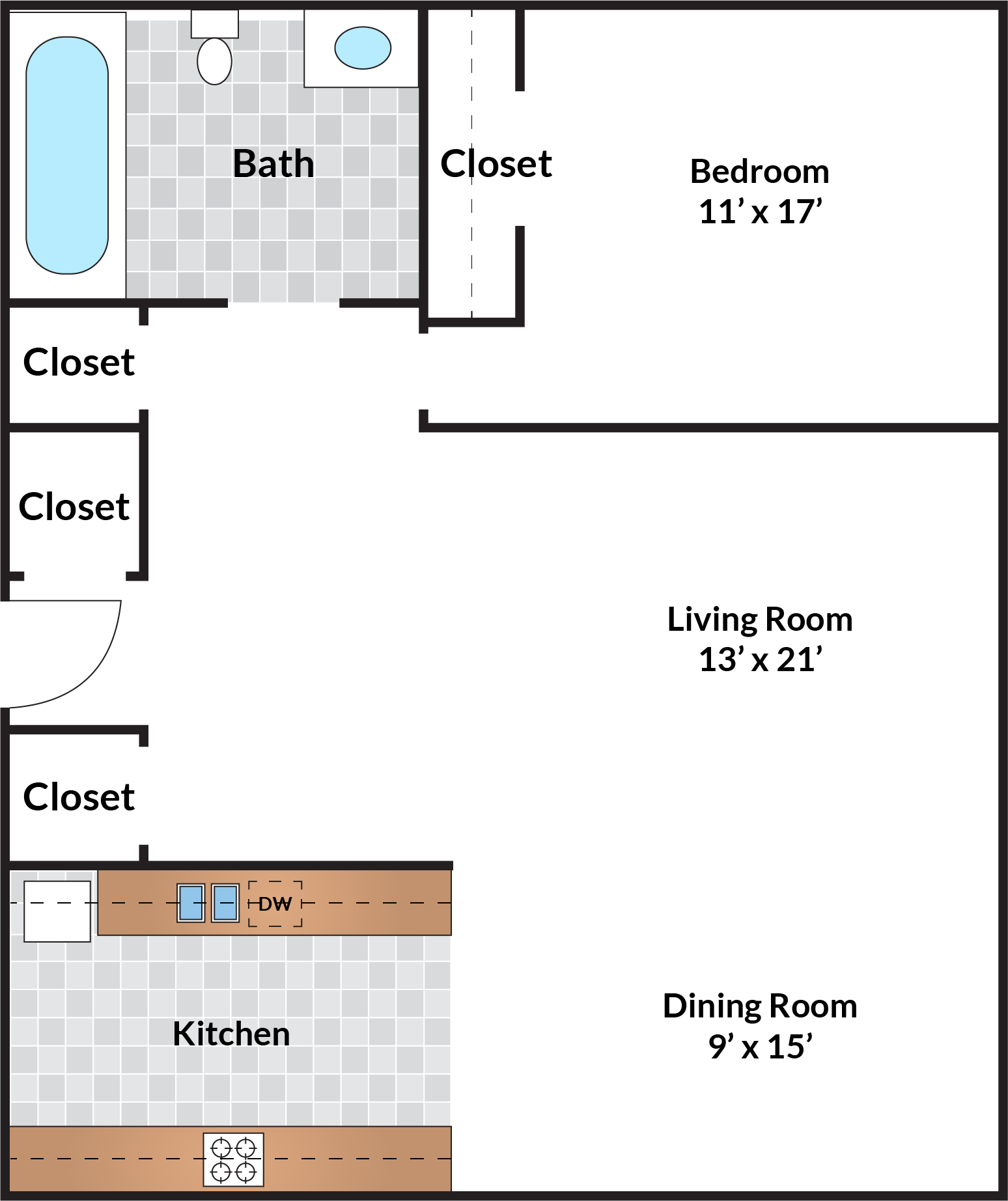 Floor plan for 1 bed, 1 bath, 859 sqft